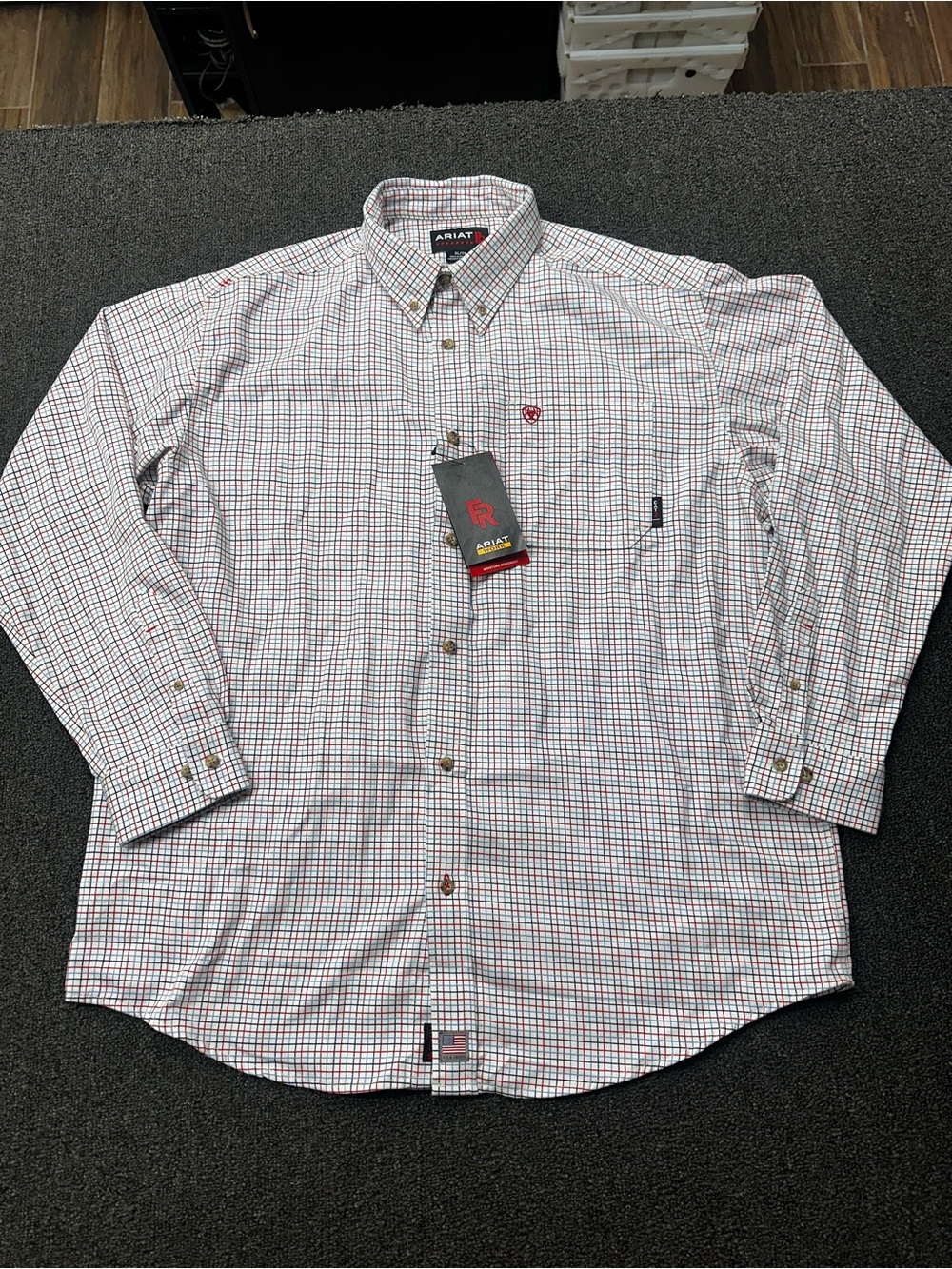 Ariat FR Gauge LS Work Shirt Blue Red White Check Men's XL Tall Moisture Wicking